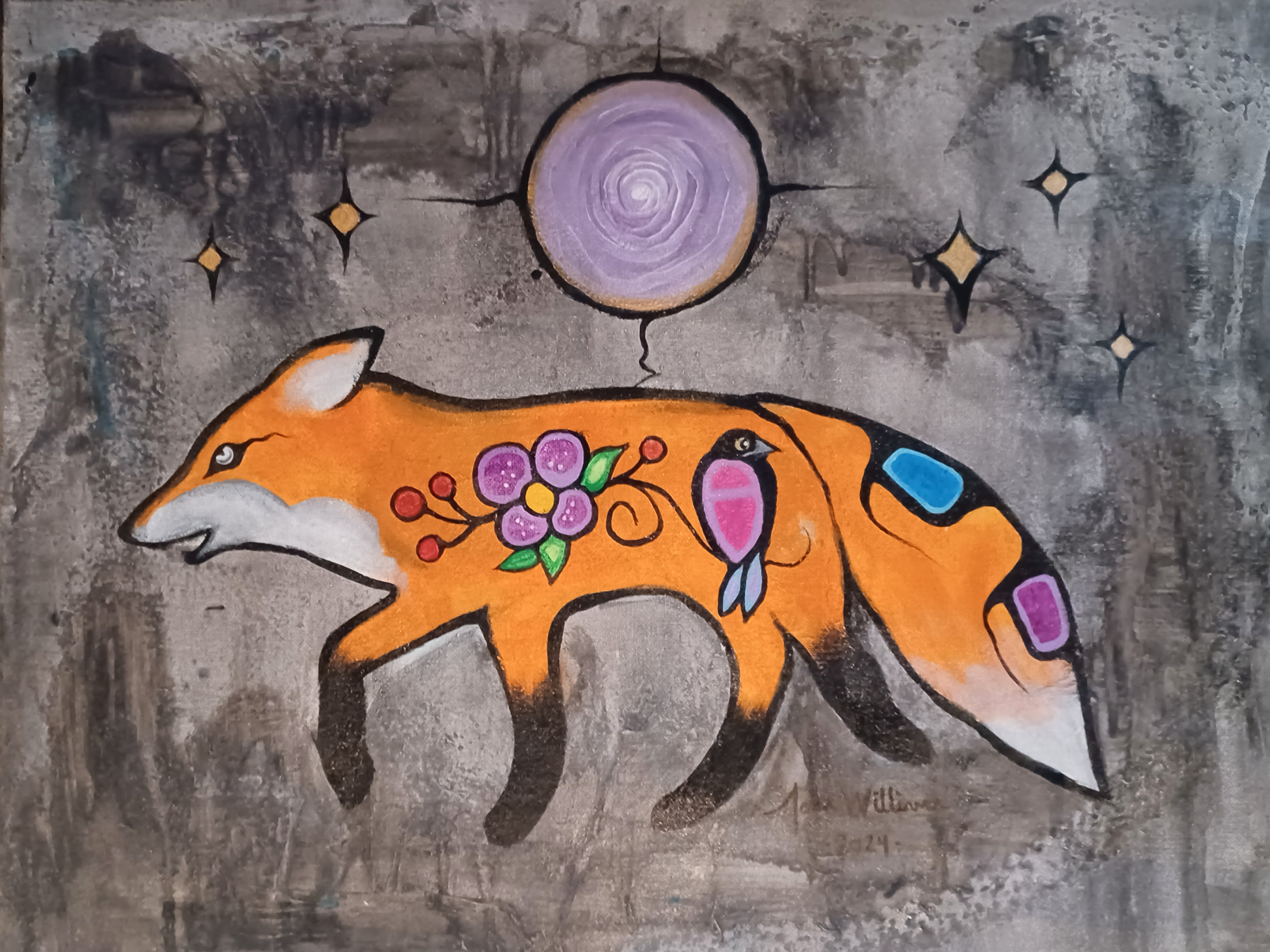 Painting of a red fox on a grey background by John Williams