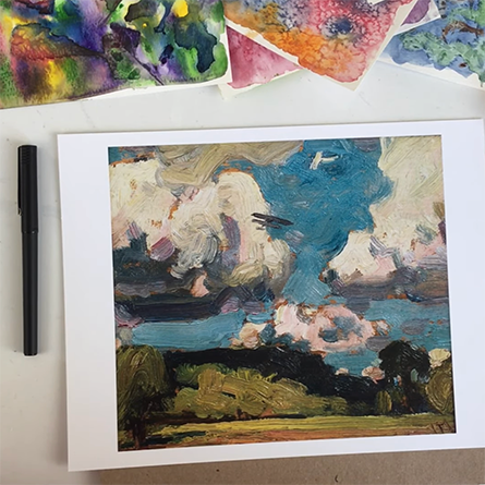 Watercolour Techniques Canvas with water colour painting next to a pen